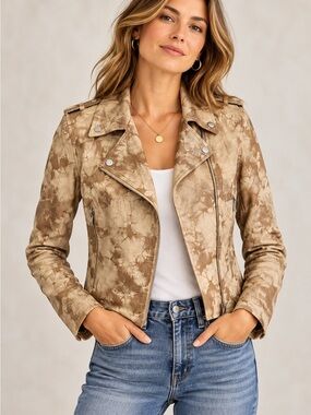 Love Token Tie Dye Faux glossy Leather Moto Jacket Taupe Beige Size Medium